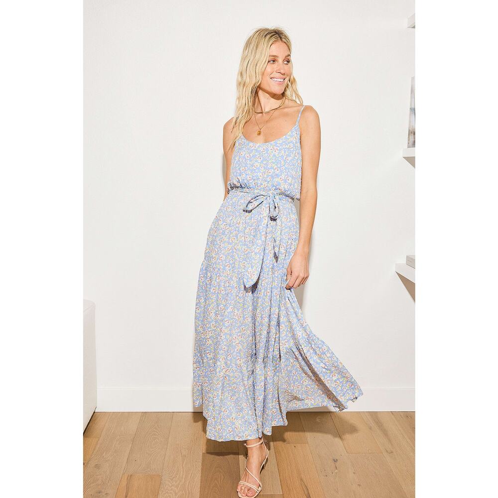 Lulus Dress Womens Extra Large Blue Floral Maxi Tiered Suny Bliss Boho Cottage